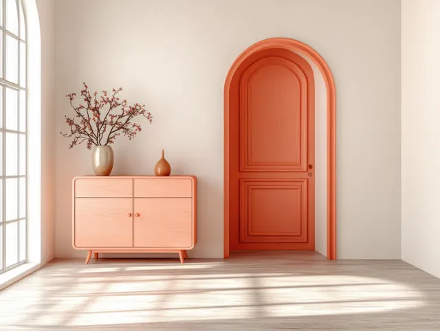 Coral arched door and minimalist cabinet in a bright entrance hall with light wood flooring and a vase.