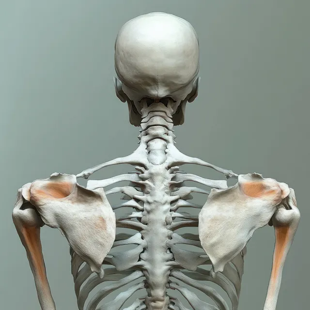 Rear-view human skeleton anatomy illustration highlighting shoulder joints under chiaroscuro light with Skeletal System