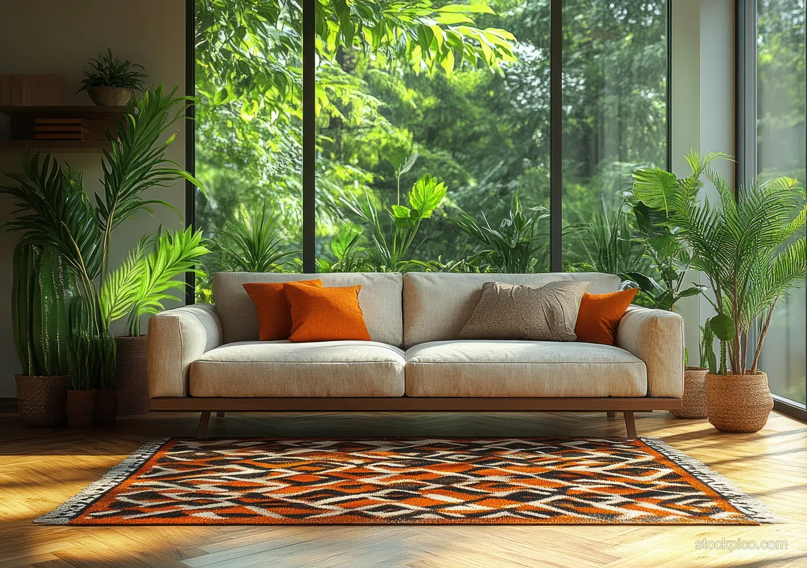 Minimalist Scandinavian Living Room with Couches, Cacti, and Sunlit Plants