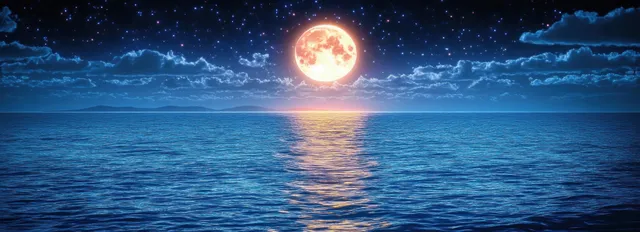 Moonlit ocean seascape with billowing clouds, starry sky, and glowing moon reflection at night