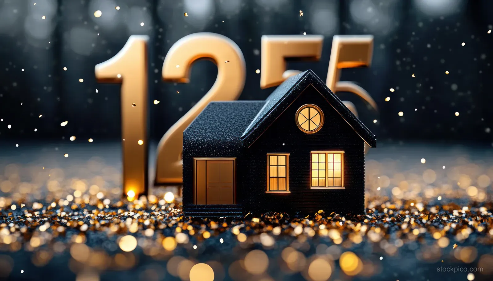 A small black model house with glowing windows rests on glittery sparkles with golden 1255 numbers behind it.