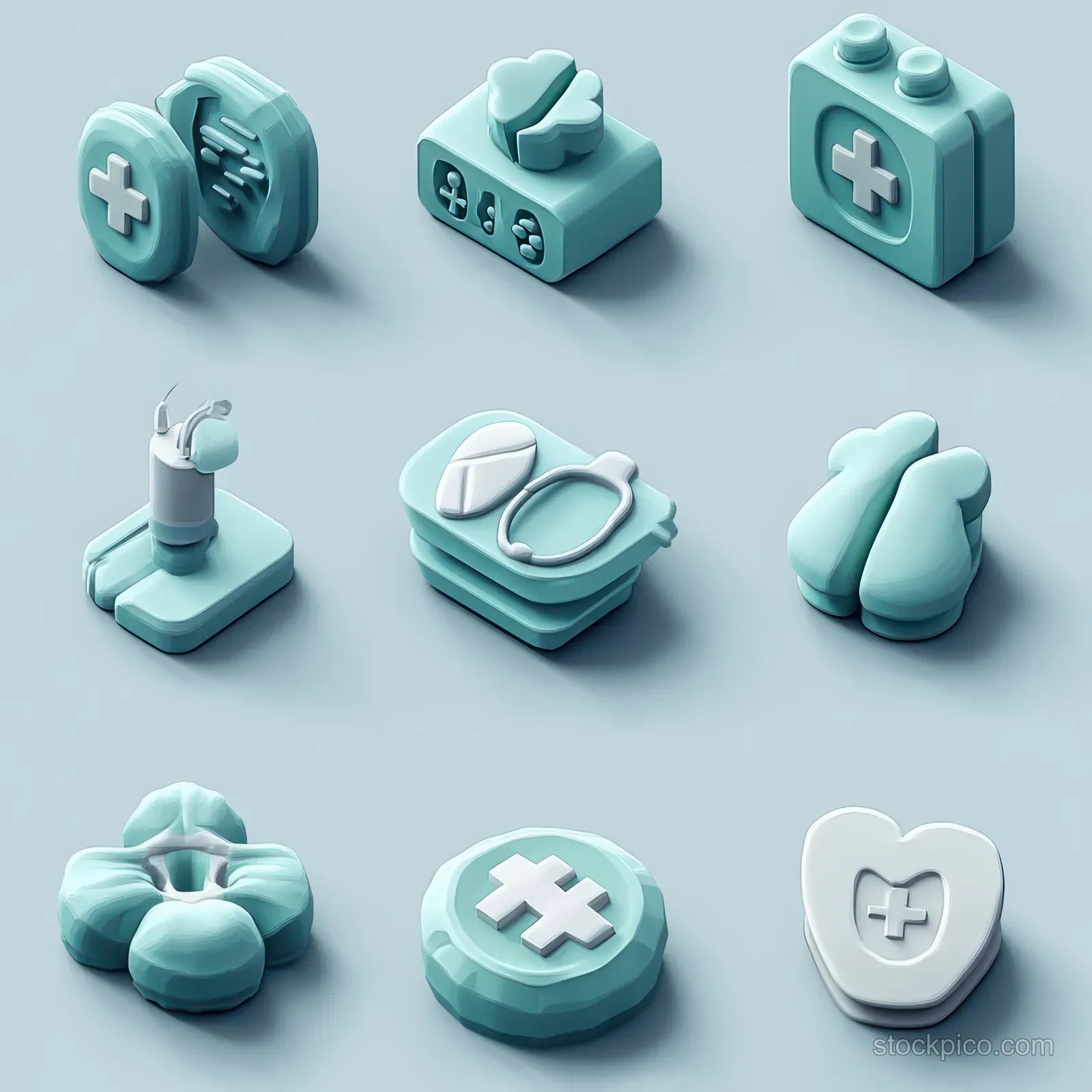 Nine 3D medical icons including a cross, stethoscope, pills, and clinic tools arranged on a light blue surface.