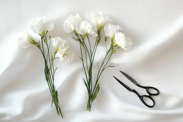 White flower stems laid on smooth white fabric beside black scissors.
