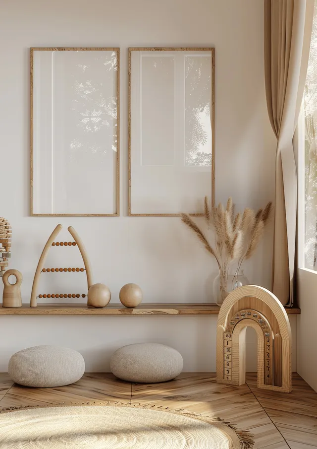Two wooden picture frames in a beige children’s room with natural toys and sunlight by the window.