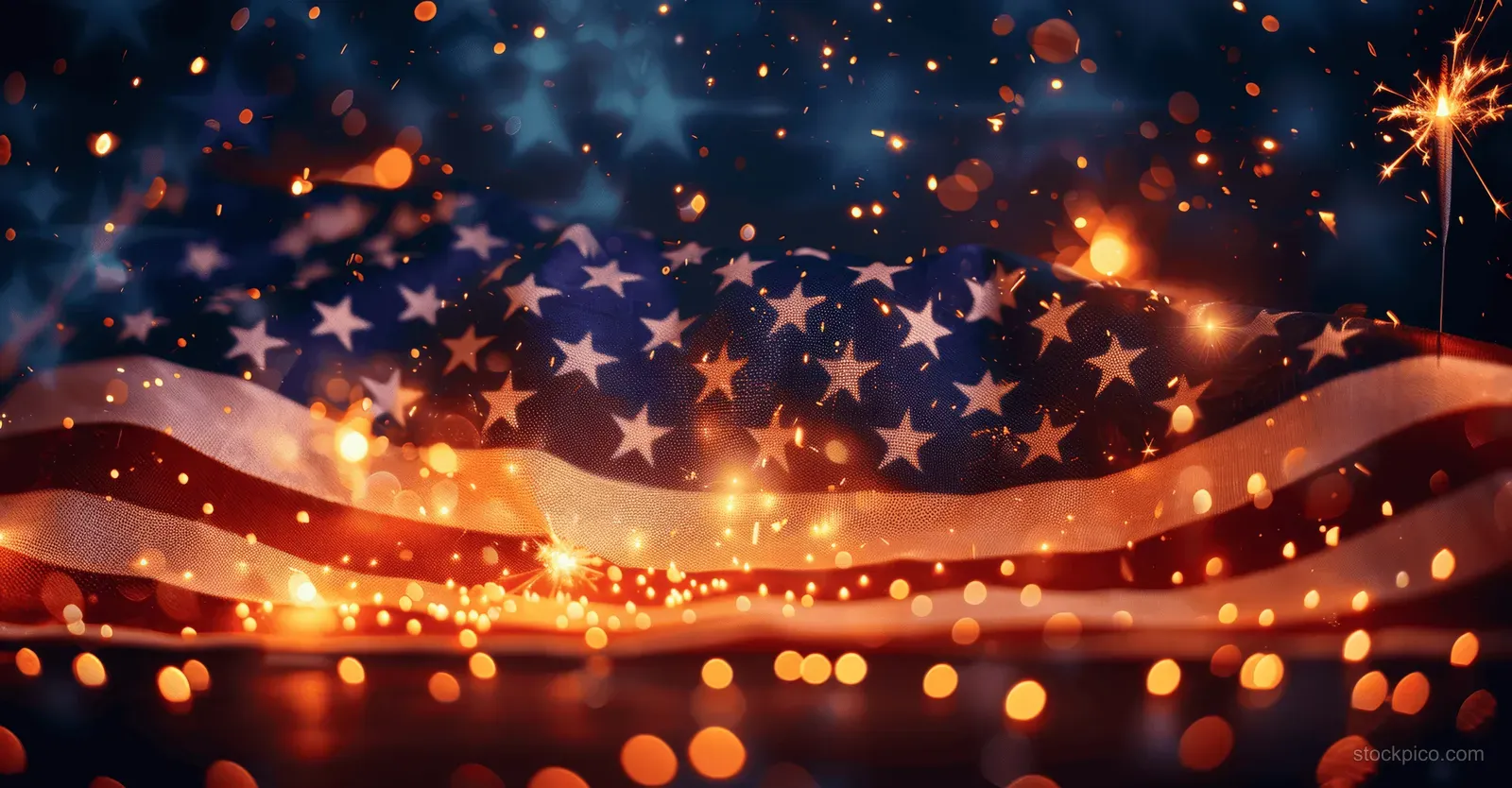 Sparklers shine in front of a waving American flag with warm bokeh lights and sparks in the night.