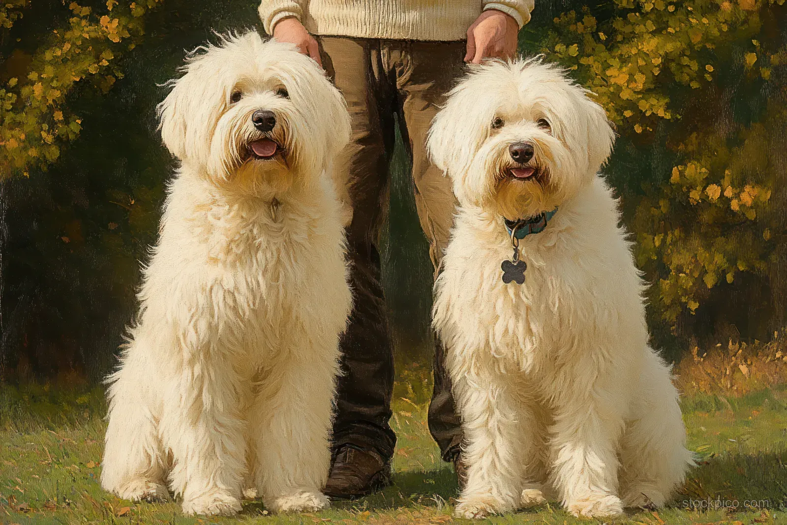 Two fluffy white dogs sit on grass with a person standing behind them in autumn greenery.