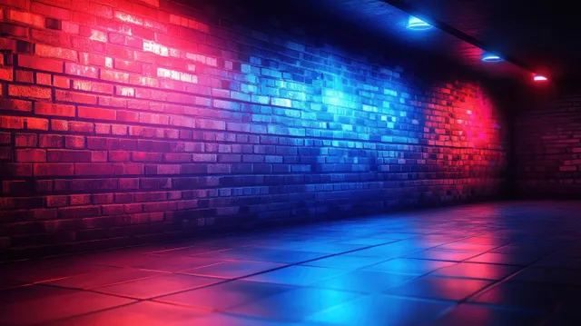 Neon blue and red light wash over graffiti brick wall in dark urban night