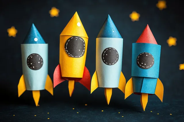 Colorful paper rockets and spaceships stand on a dark background with small star-like lights and confetti.