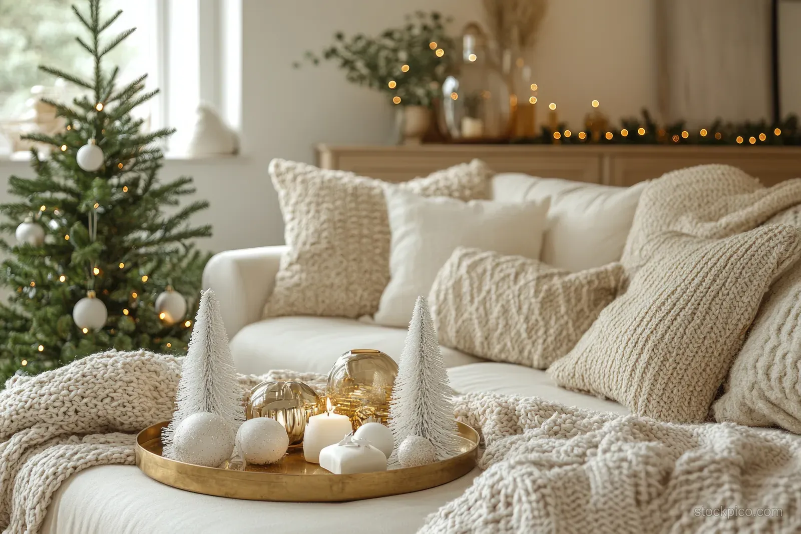 A decorated Christmas tree stands beside a sofa with knit blankets and soft warm lights.