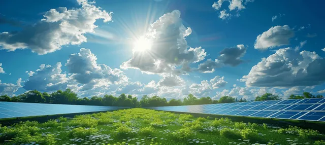 Solar panels in a sunny green field under bright sky powering sustainable energy