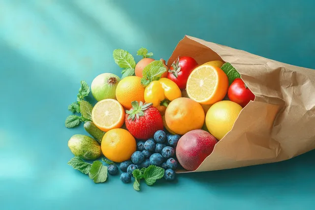 Colorful fresh fruits and berries spilling from a paper bag on a teal surface