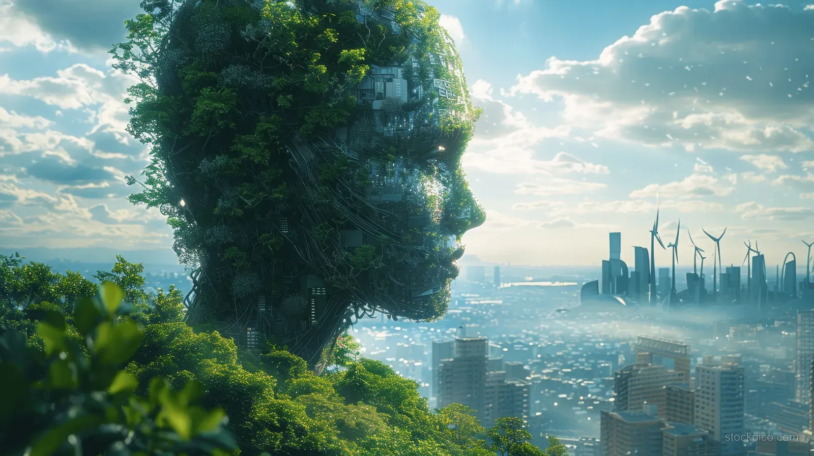 An eco-AI lion head covered with greenery overlooks a futuristic city with solar panels and distant wind turbines.
