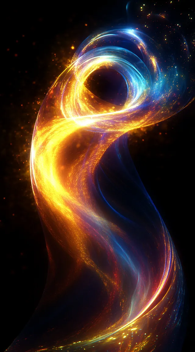 Golden and blue light particles swirl into an abstract ribbon on a dark backdrop