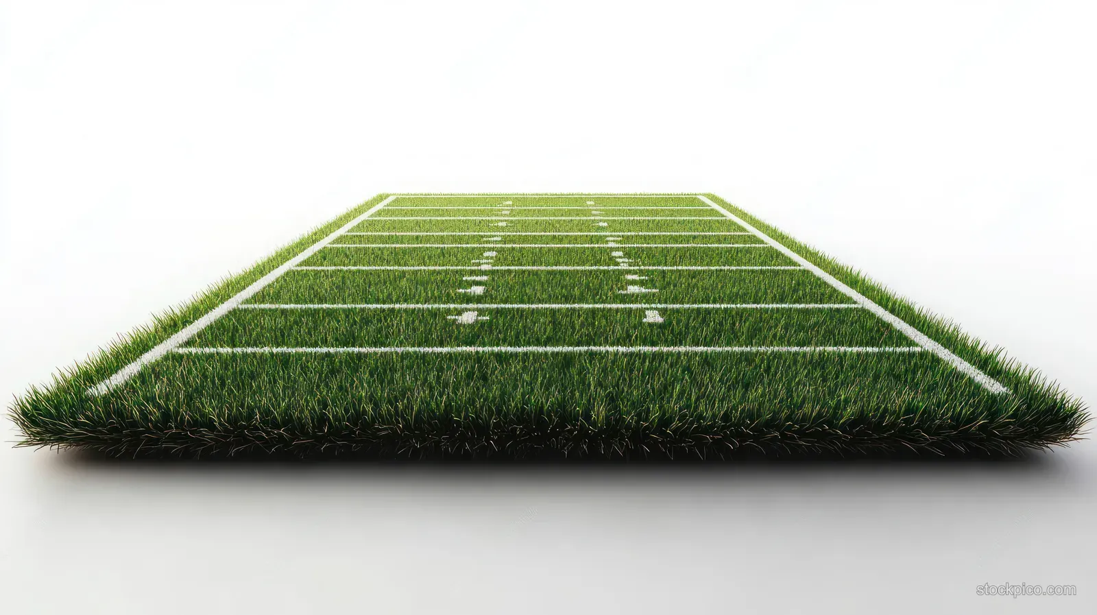 Floating American football field panel over a green grass texture background with visible yard lines.