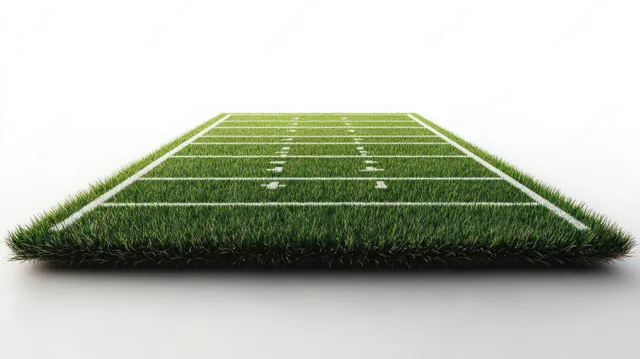 Floating American football field panel over a green grass texture background with visible yard lines.