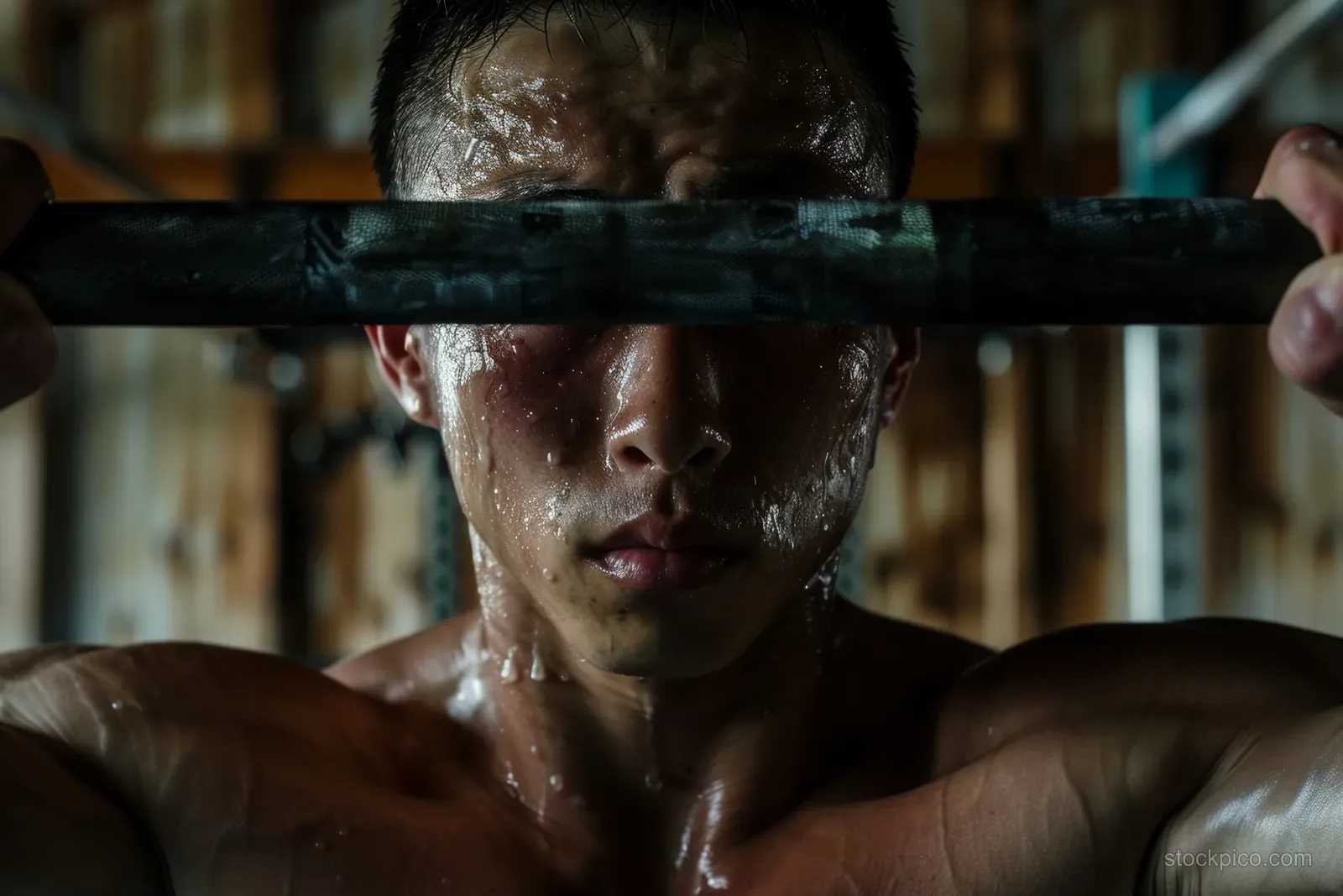 A focused male weightlifter grips a barbell in a gym, sweat on his hands before an intense lift.