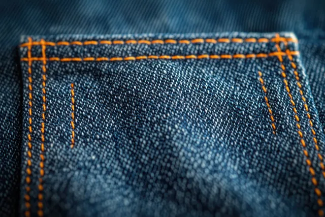 Blue denim pocket close-up with orange stitching and a textured woven fabric surface.