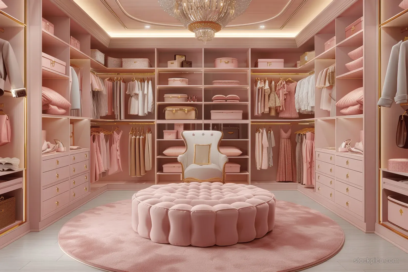 Pink and gold walk-in closet with built-in shelves, hanging clothes, and a tufted ottoman centerpiece.