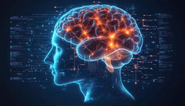 Human head profile with a glowing brain and orange neural pathways overlaid on blue digital data flows.