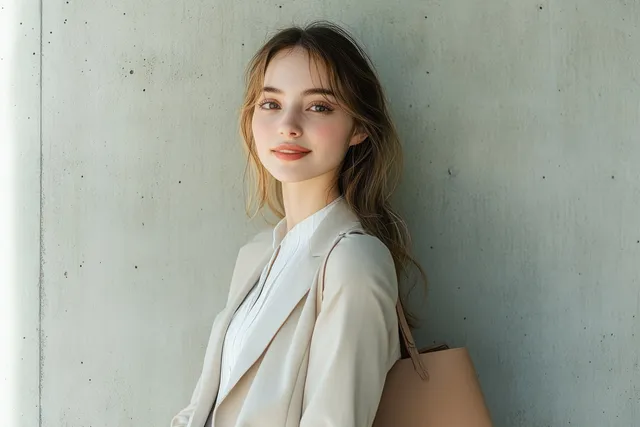 Confident businesswoman holding laptop in minimalist office hallway, poised side profile