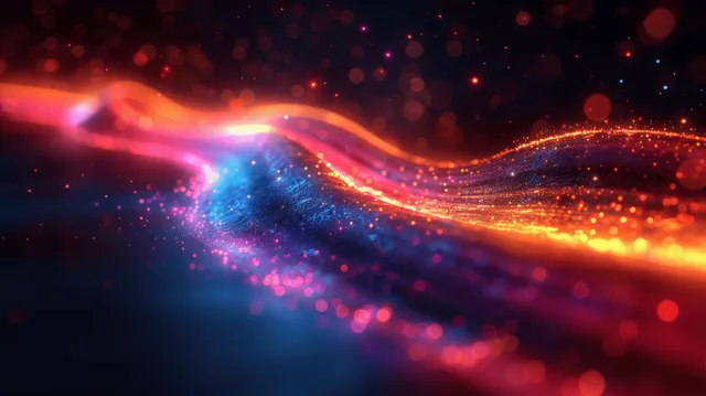 Iridescent light stripes stream across a dark background with bokeh lens blur flare