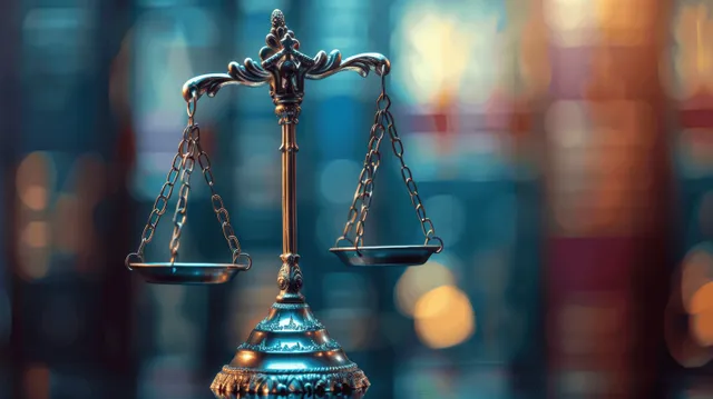 Ornate bronze justice scales centered on a pedestal with colorful blurred bokeh lights behind.