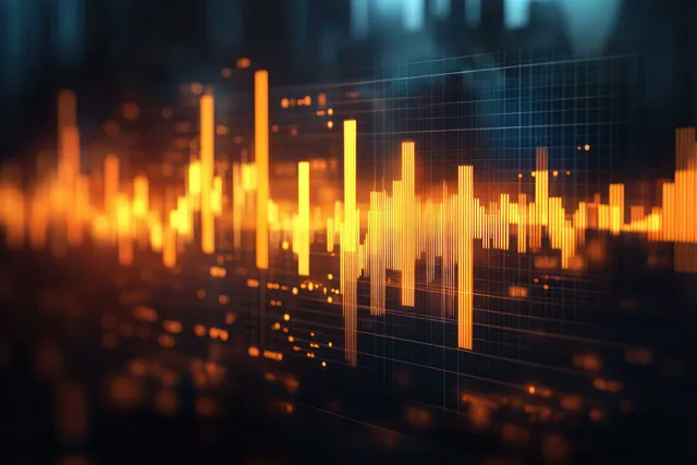 Futuristic financial chart with glowing bars and data grid in abstract technology light