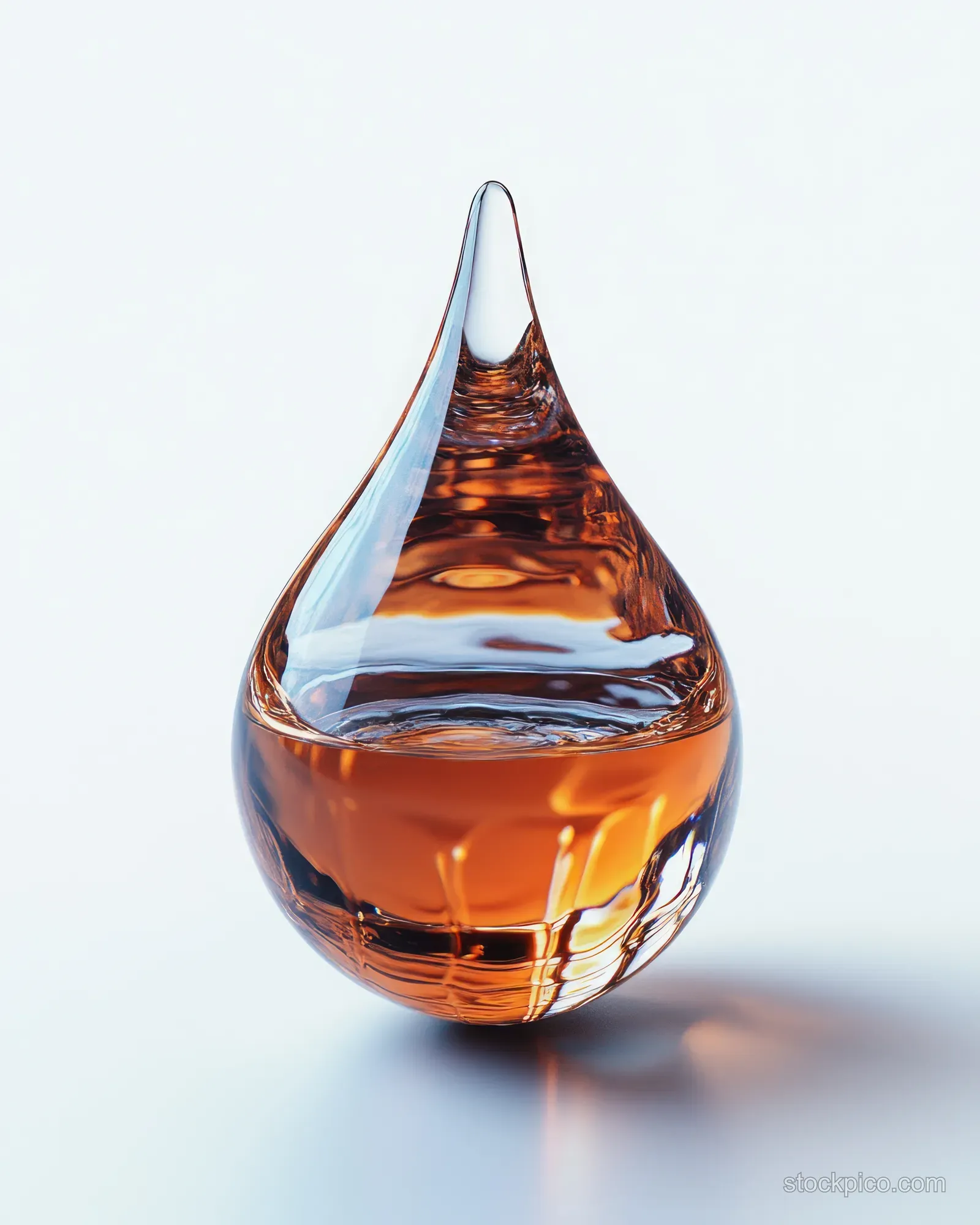 A close-up amber water droplet on a white background with internal refraction and sharp reflections.
