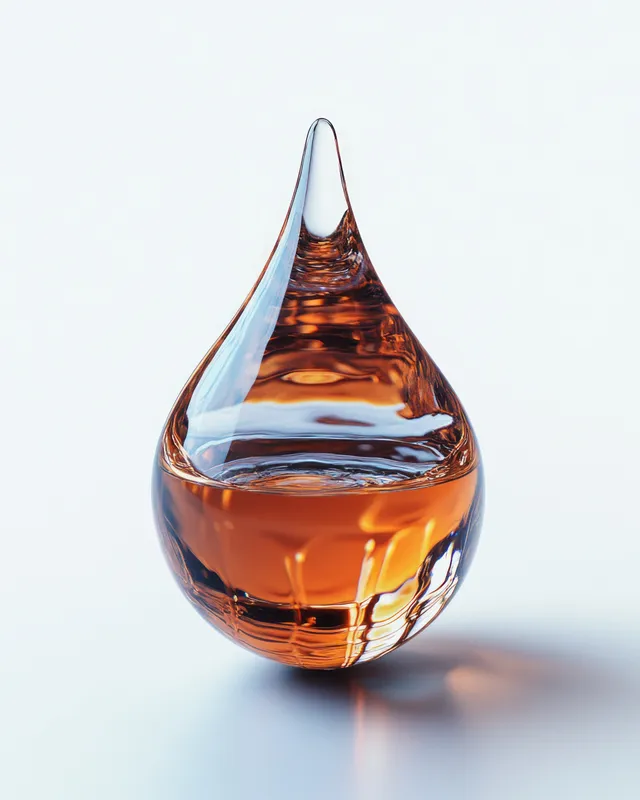 Amber water droplet suspended on white background showing crisp refraction edges and reflections