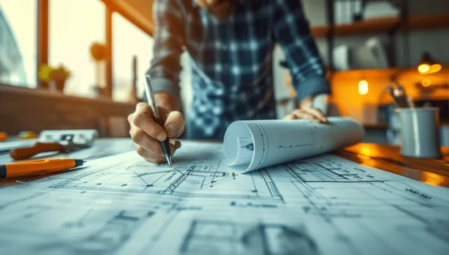 Engineer sketches building blueprint with drafting pencil on a table under warm office lights