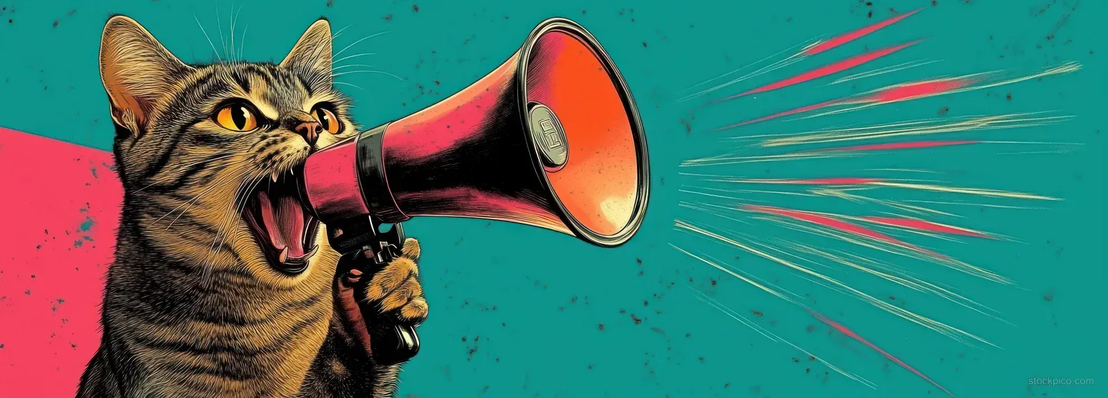 Tabby cat yelling into a red megaphone with pink and yellow speed lines on a teal pop-art background.