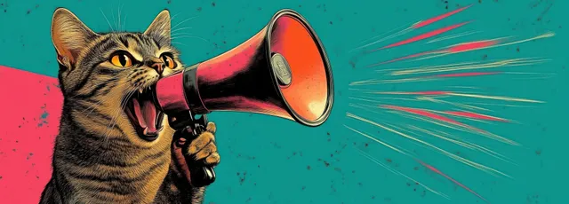 Tabby cat yelling into a red megaphone with pink and yellow speed lines on a teal pop-art background.