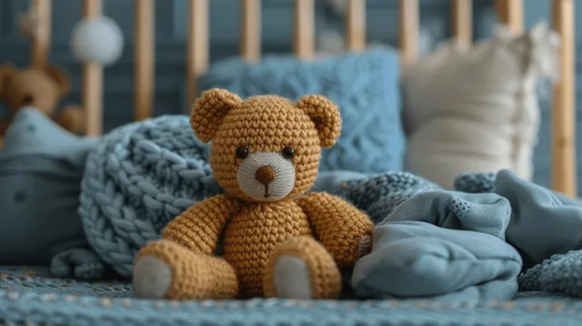 Knitted teddy bear sitting on a blue pillow in a cozy nursery beside a wooden crib