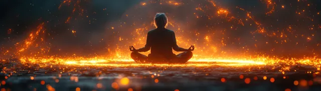 An elderly person in lotus meditation sits inside a glowing cosmic energy ring beneath a nebula-filled night sky.