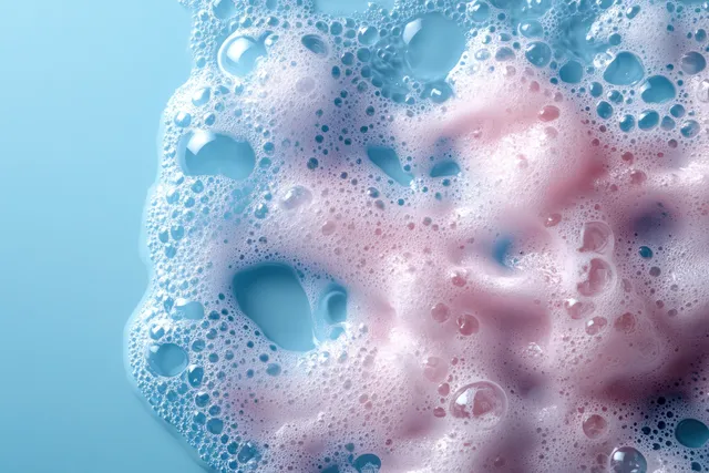 Swirling cleanser foam with dense small bubbles and pastel pink highlights on a blue background.