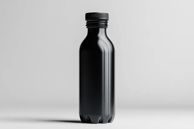 A glossy black metal sport bottle mockup stands upright facing the camera on a minimal light background.