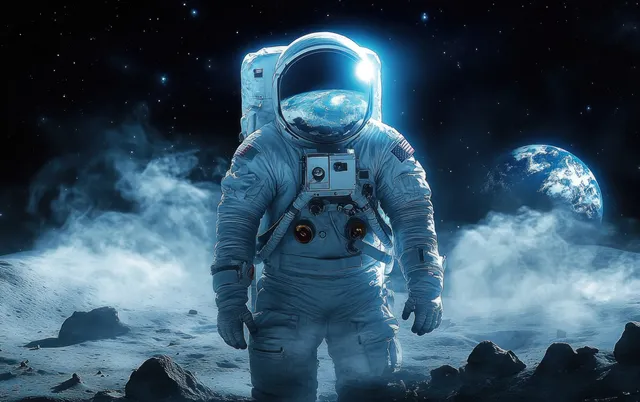 Astronaut in a blue suit walks on the Moon while Earth glows in the distance behind stars.