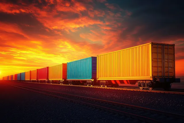 Colorful freight containers ride a sunset train track with dramatic orange-blue motion streaks