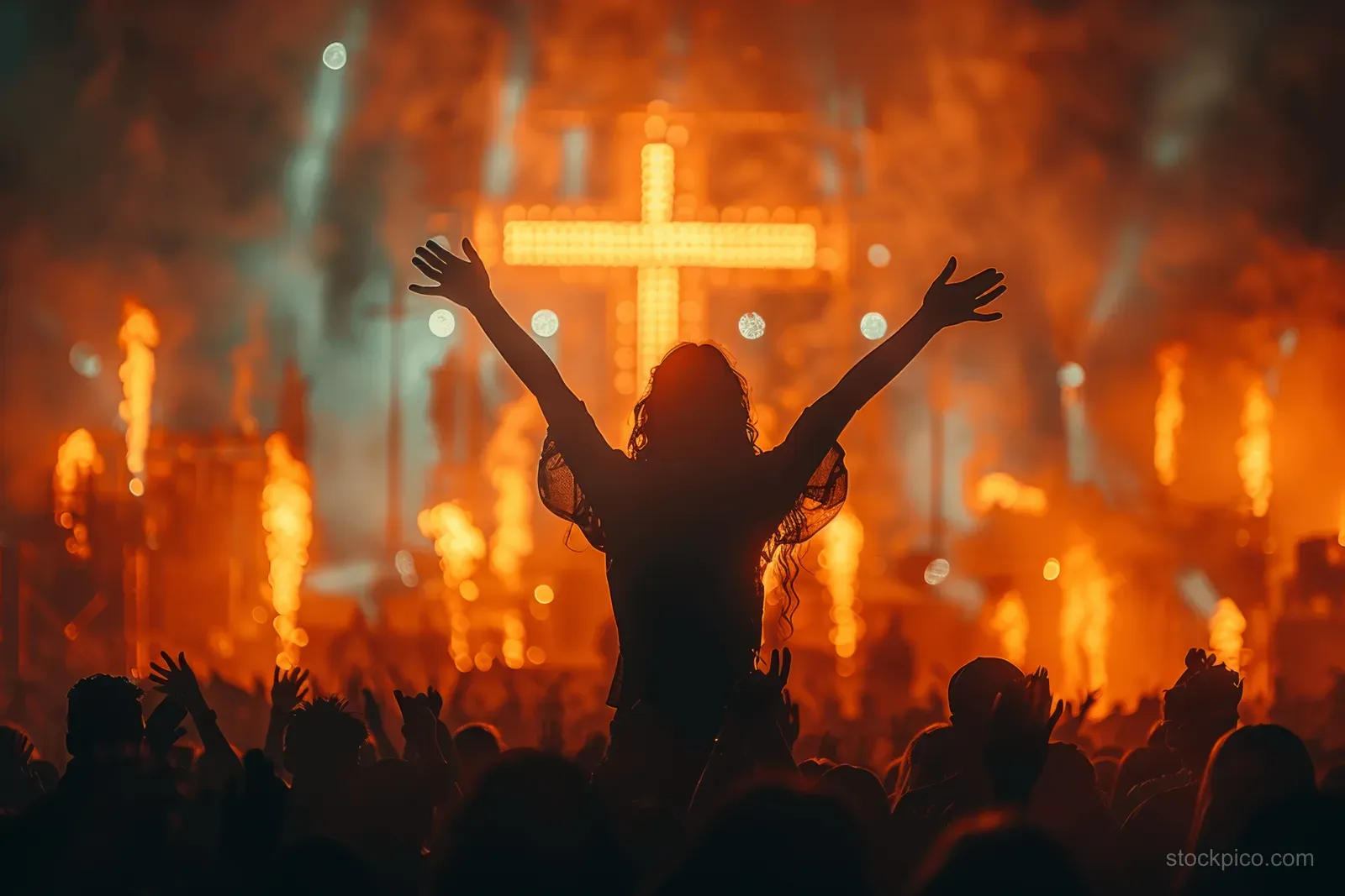 Silhouetted church congregation raises hands in worship before a glowing cross.