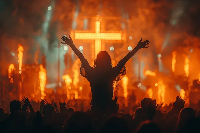 Congregation worships in church with raised hands before glowing cross