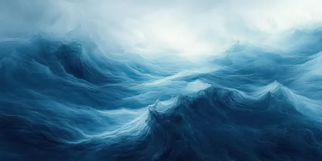 Stormy ocean waves roll inward with swirling blue and white foam textures
