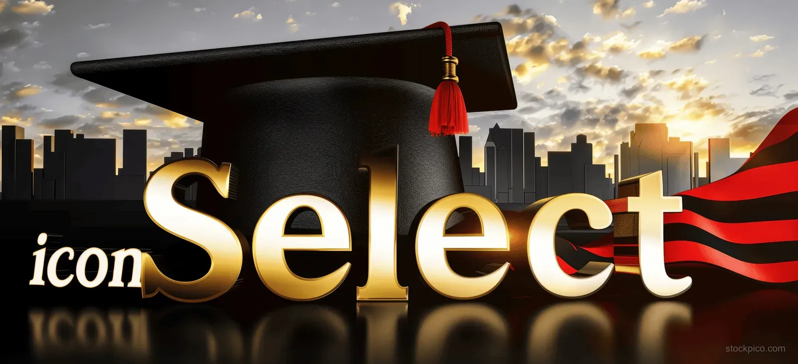 Black graduation cap with gold tassel above a city skyline, gold lettering, and a red ribbon banner.