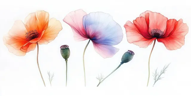 Watercolor poppy flowers with pastel blossoms on white background, delicate brush texture