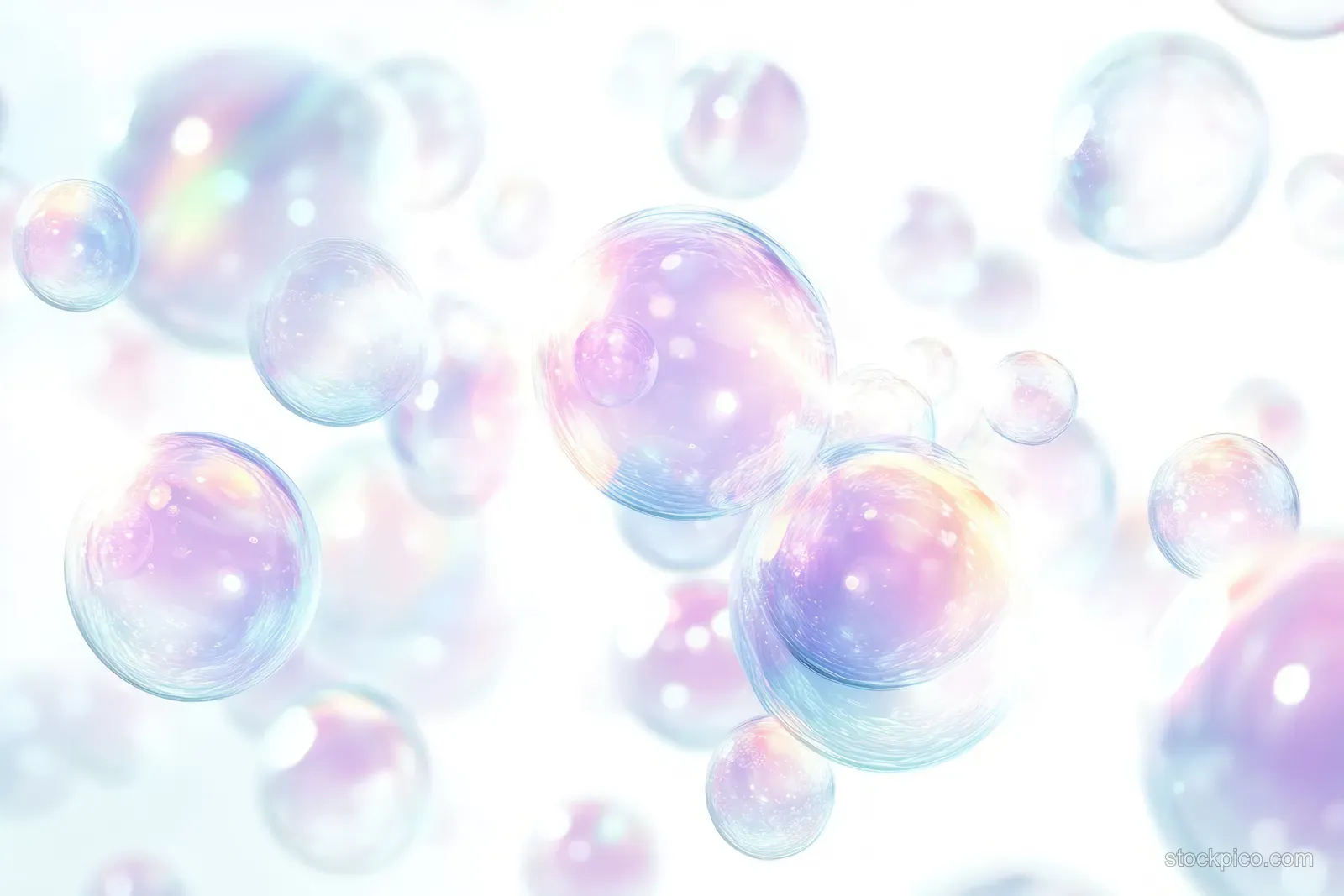 Translucent iridescent soap bubbles floating against a bright white background with rainbow shimmer.