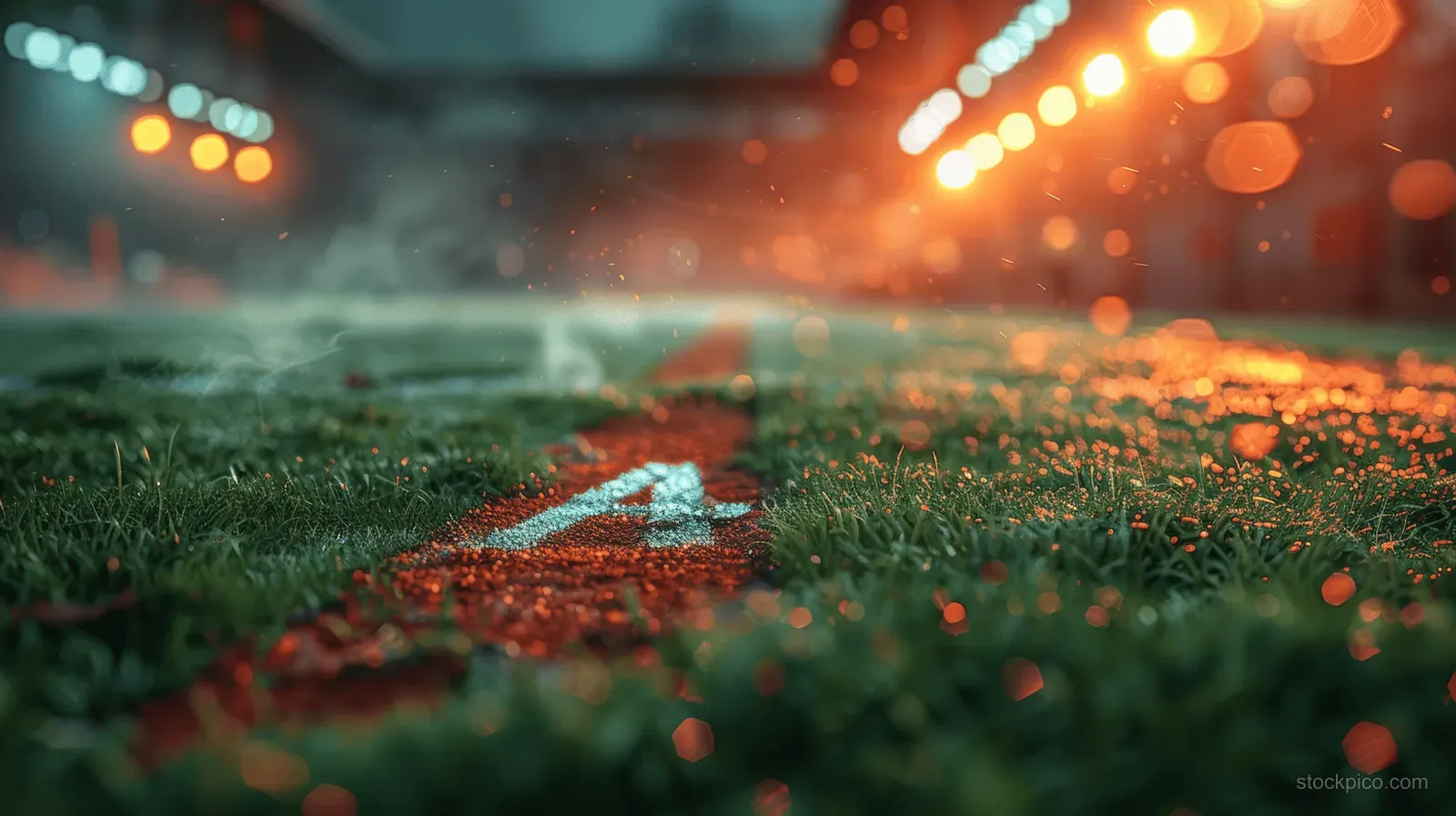 A 3D render of a nighttime soccer stadium with a grass pitch, German flag, and neon fog creating a dramatic atmosphere.