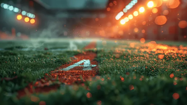 A 3D render of a nighttime soccer stadium with a grass pitch, German flag, and neon fog creating a dramatic atmosphere.