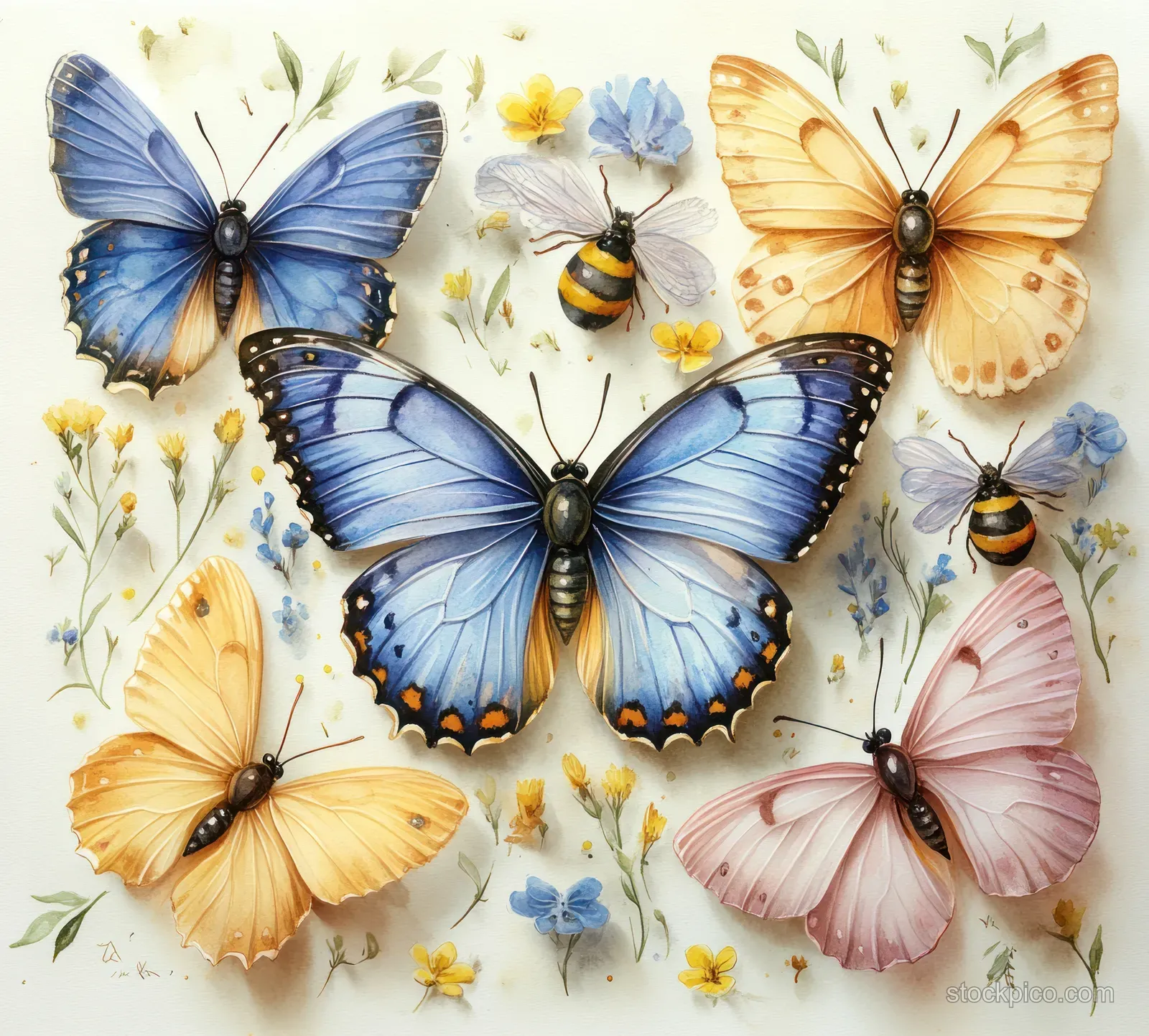 Pastel watercolor butterflies and bees hover over scattered wildflowers with fine detailed wings and soft splashes.