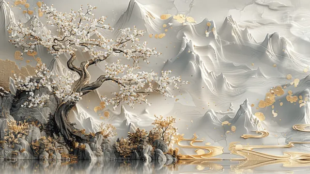 White blossoming tree emerges from misty gray mountains with golden flowing waves and drifting petals.