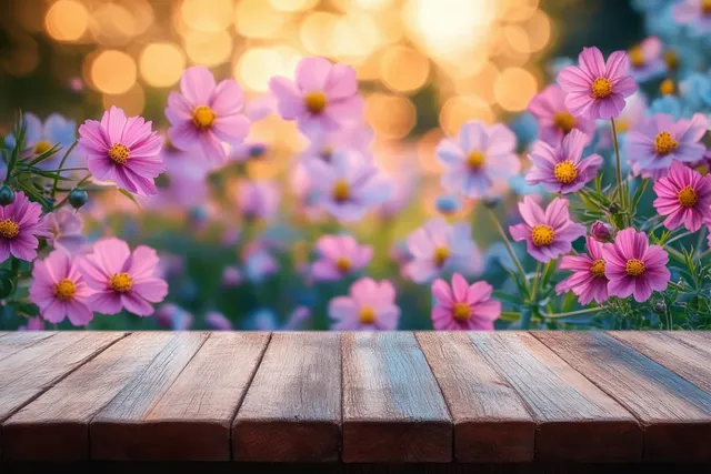 Wooden table in front of blooming pink cosmos flowers with warm golden bokeh lights behind them.