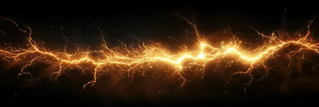 A symmetric lightning strike illuminates dark storm clouds with glowing electric arcs and sparks.